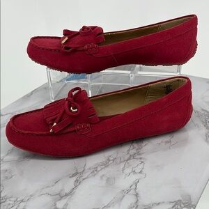 LANDS END Red Suede Driving Loafers Moccasins Comfort Grip Sole Sz 9 Casual Boho